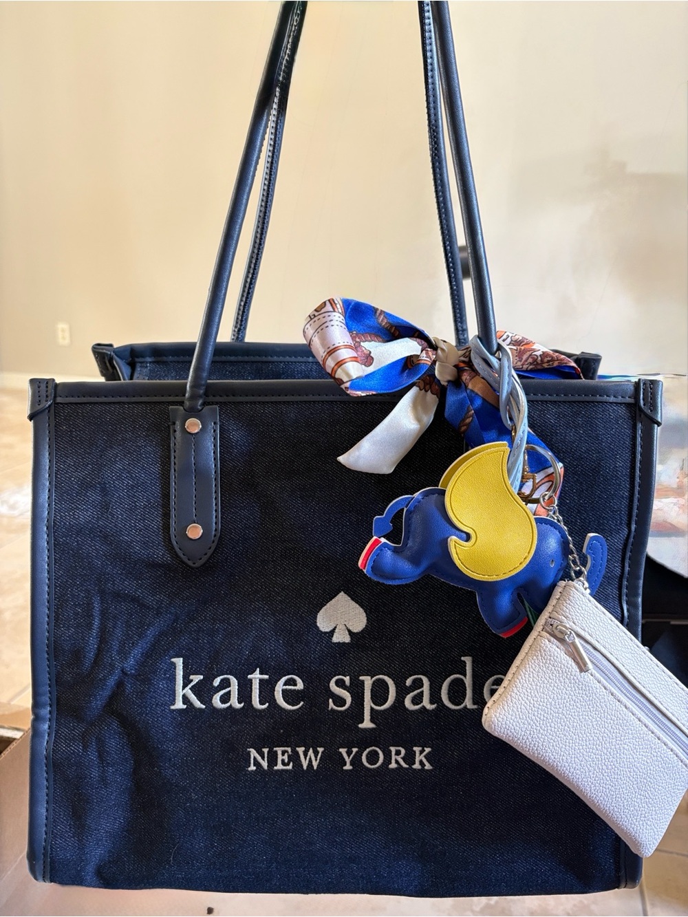 kate spade Black Canvas Tote with Green Tassel and Blue Elephant w/coin purse